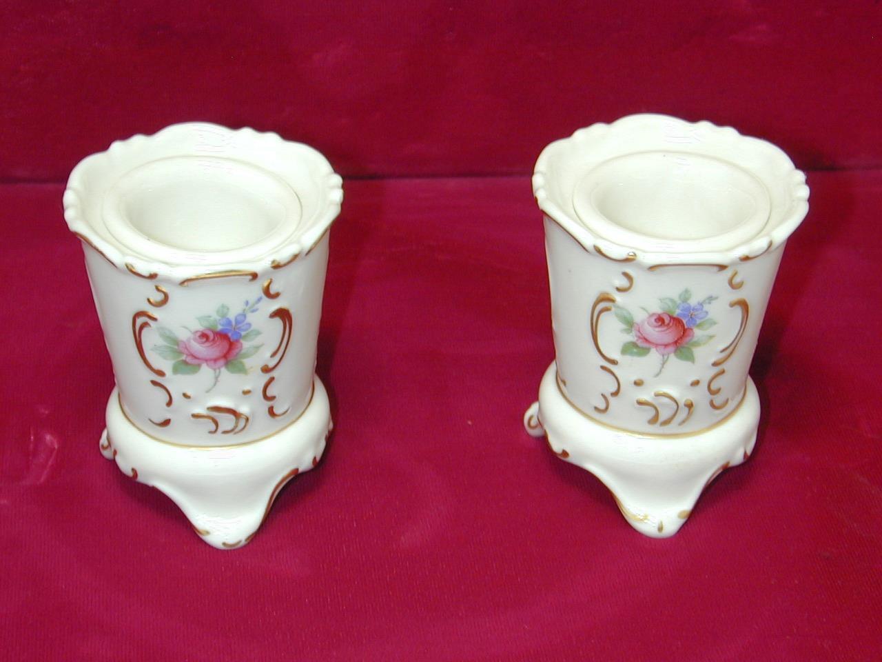 Pair Antique Dresden Porcelain Floral Gilt Candlesticks Holder Candle