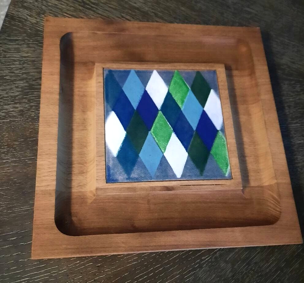 Vintage cheese board tile MCM wood Ernest Sohn blue green tray