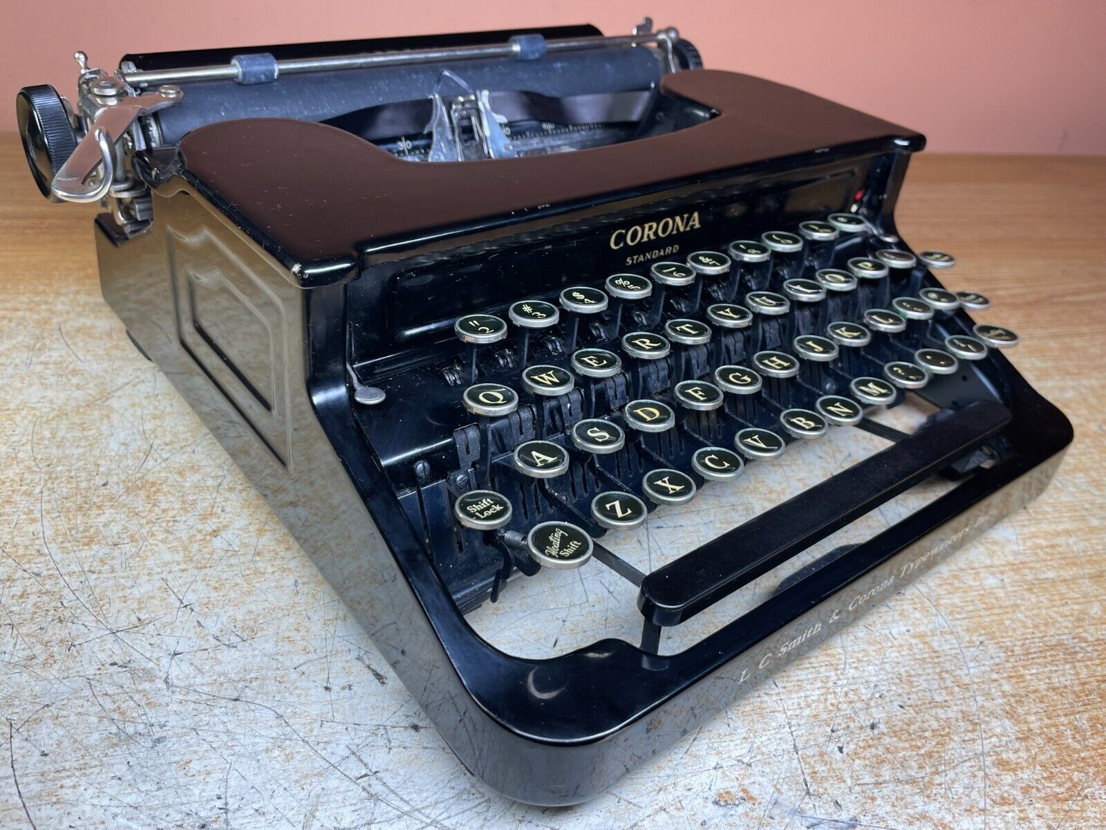1936 Corona Standard Working Glossy Black Flat top Typewriter w New Ink & Case