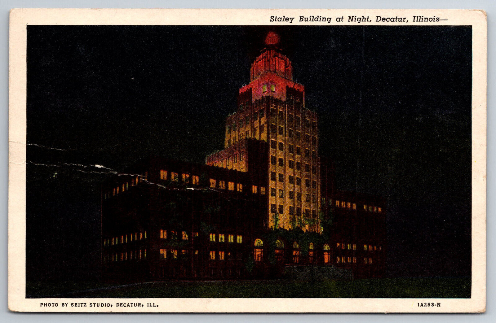 Vintage Postcard IL Decatur Staley Building Night View  ~5654