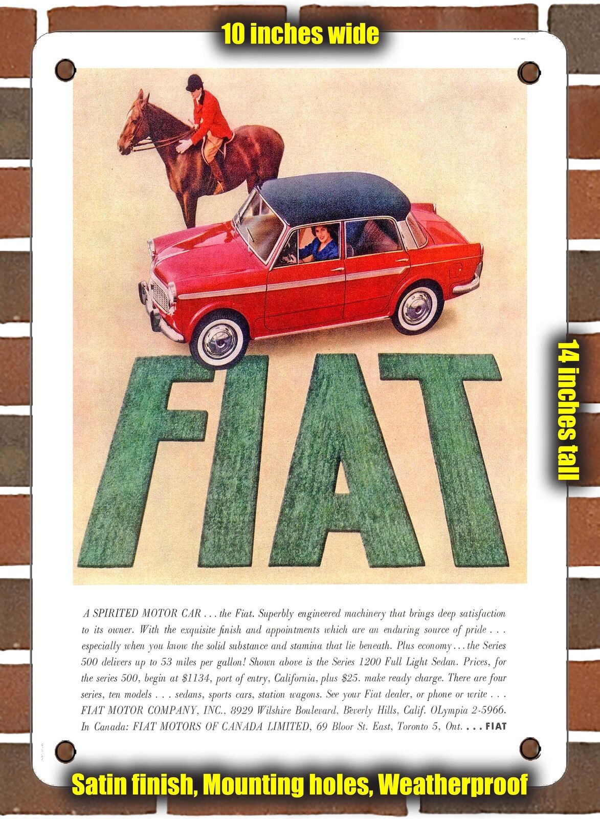 METAL SIGN - 1959 Fiat 1200 a Spirited Motor Car - 10x14 Inches