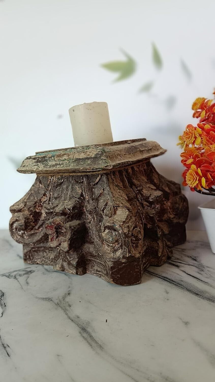 Vintage Hand Craved Wooden Candle Stand, Hand Made Rustic Brown Ancient Unique