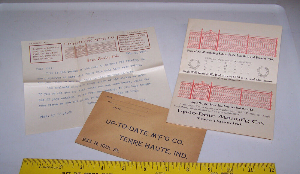 1902 UP TO DATE MANUFACTURING Fence Letter Envelope Prices TERRE HAUTE INDIANA