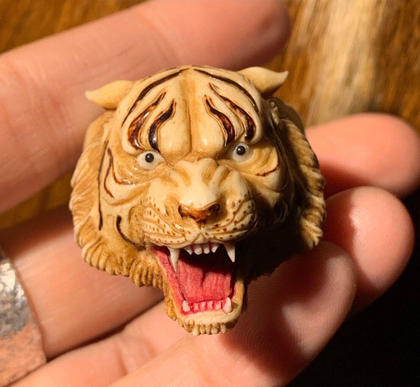 Tiger Head Ring Carved in Deer Antler Hand Carving Statue Netsuke Bead