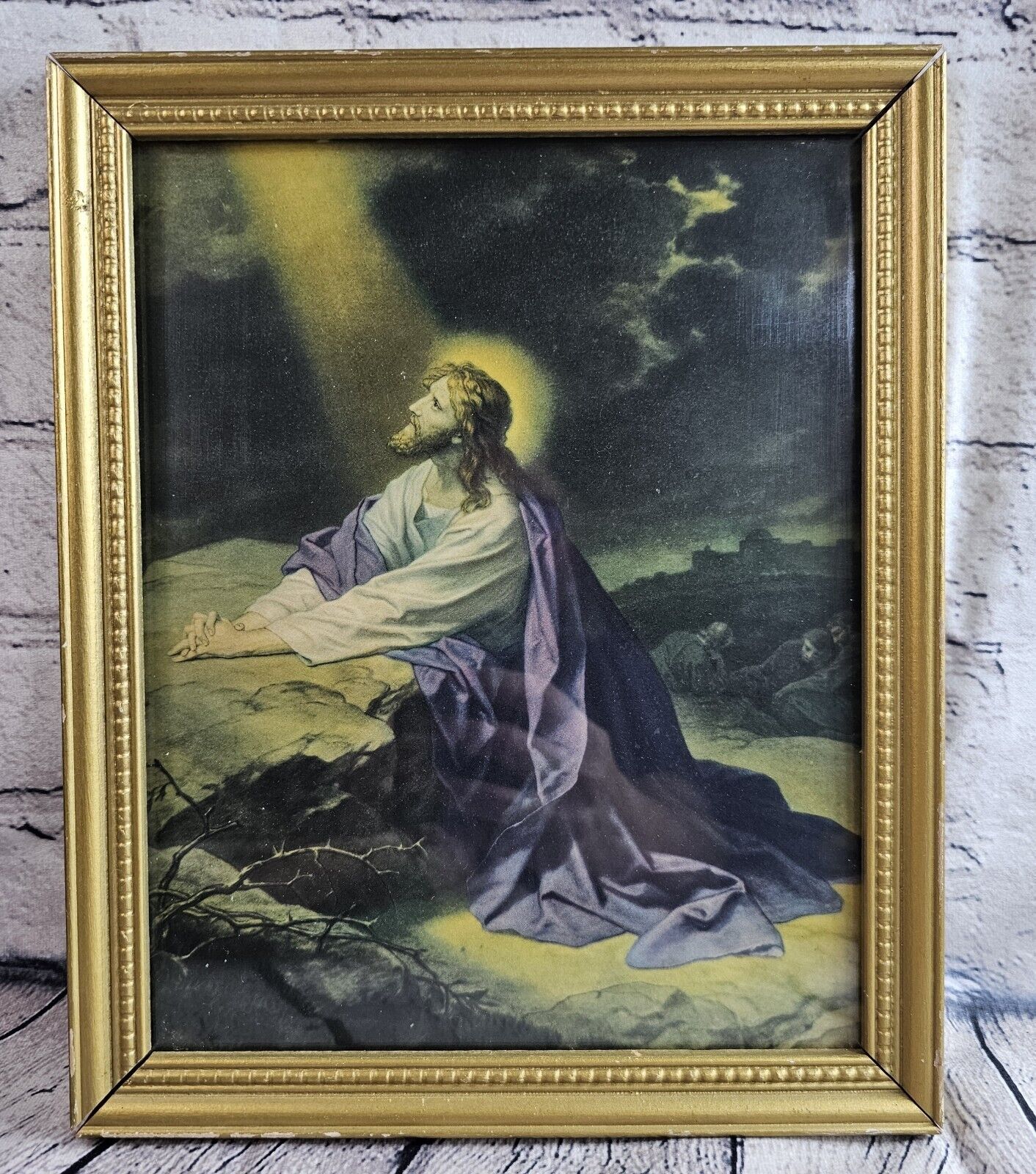 Jesus Praying in the Garden of Gethsemane Framed 9x11 Wall Hanging Vintage 1970s
