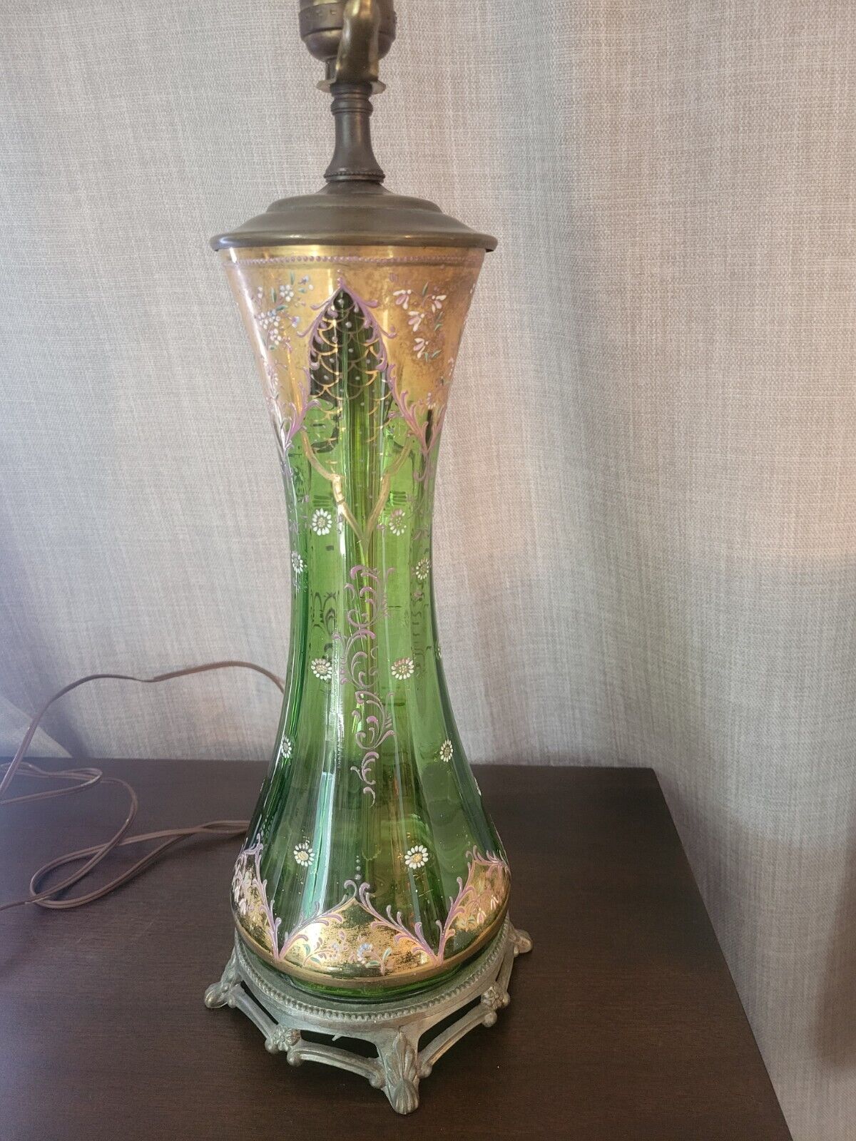 Antique Victorian  Moser Bohemian emerald green gold floral glass table lamp