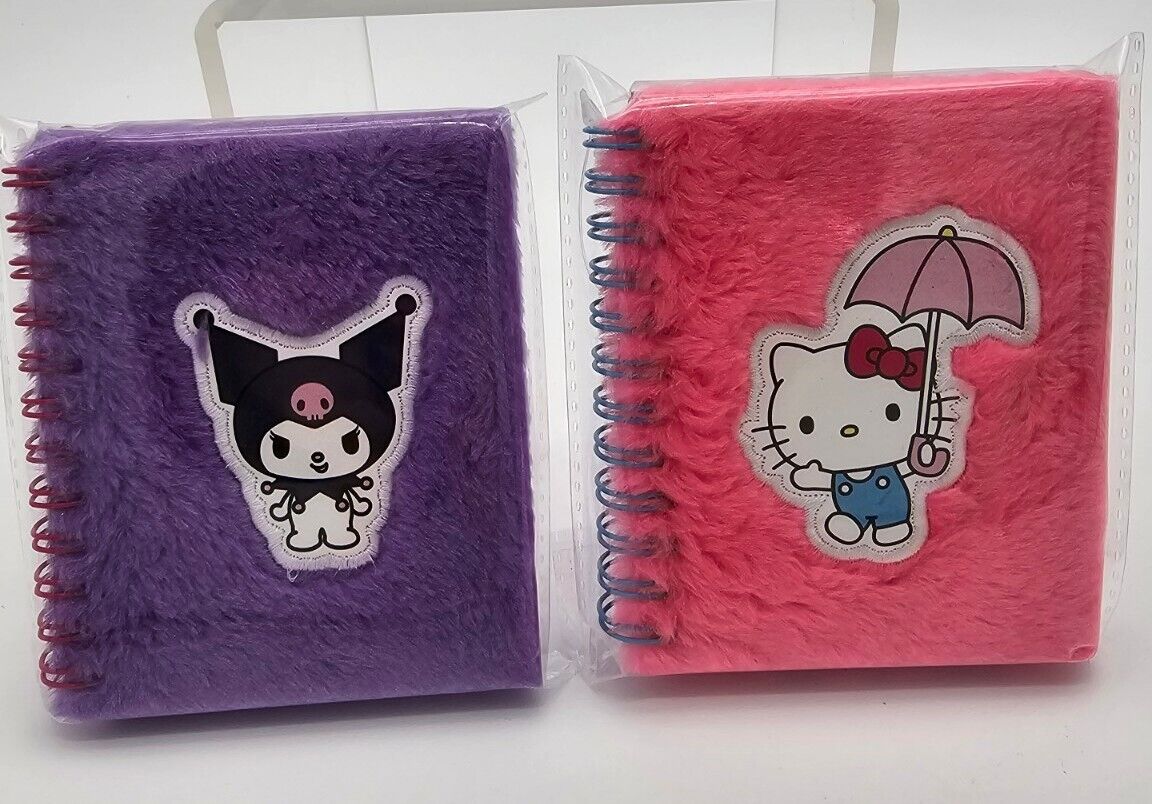 Lot Of 2 Adorable Hello Kitty Plush Fuzzy Mini Spiral Journals Pink And Purple 