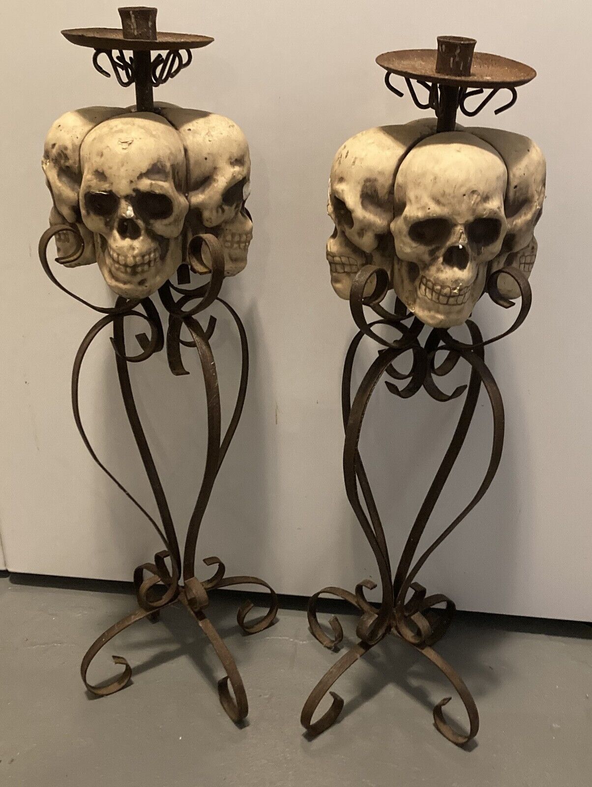 2 VINTAGE Halloween 4 Skull Candle Skeleton Candlestick Stand Spooky Decor