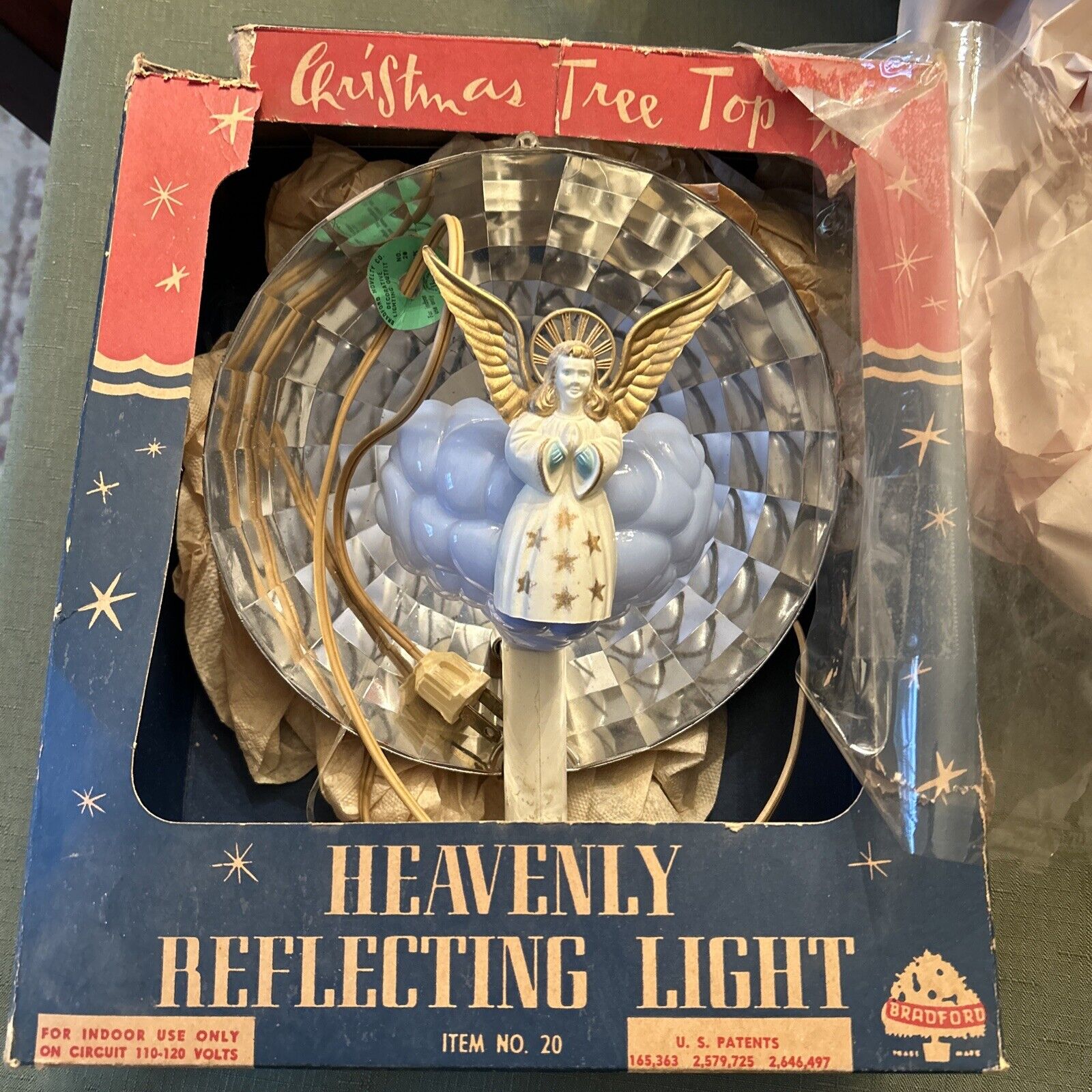 VINTAGE BRADFORD HEAVENLY REFLECTING Tree Topper ANGEL Light - w ORIGINAL BOX