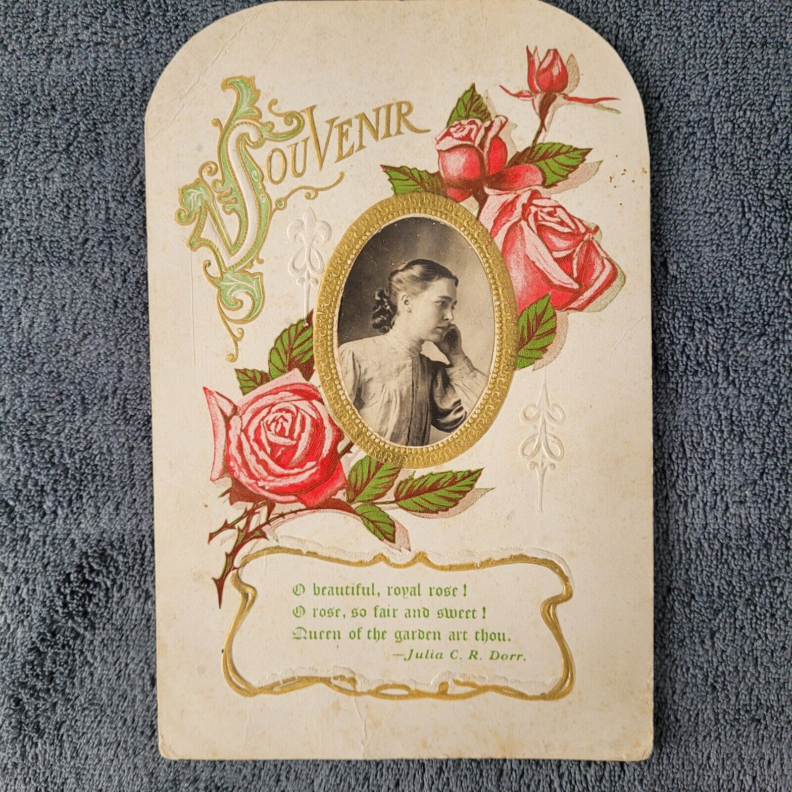 Antique Souvenir Card O Beautiful Royal Rose Young Woman Photo