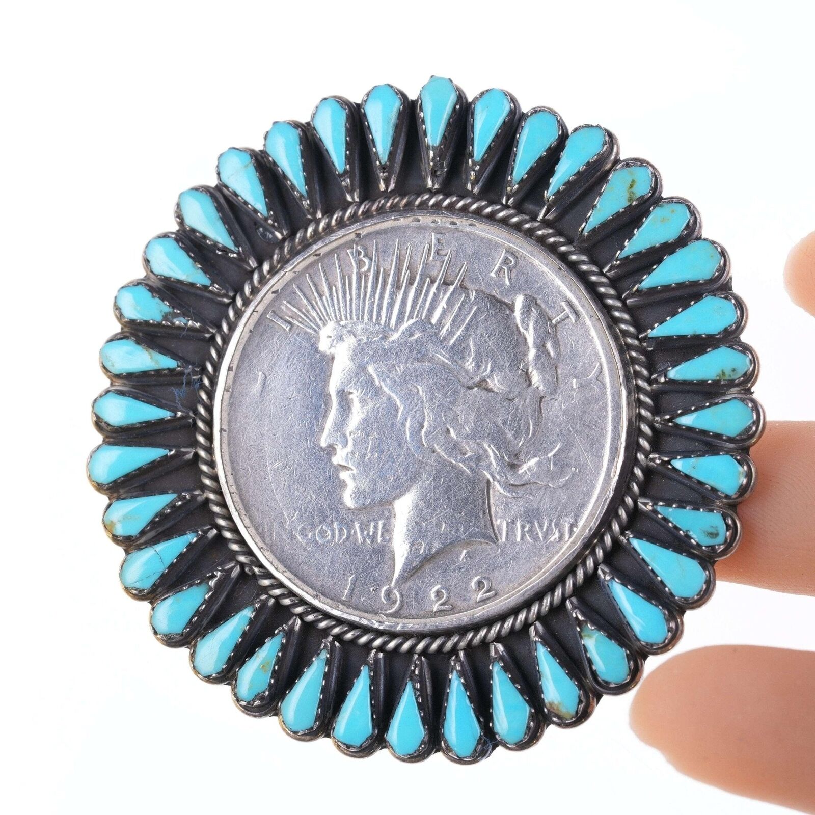 Vintage Zuni 1922 Silver dollar turquoise cluster pendant