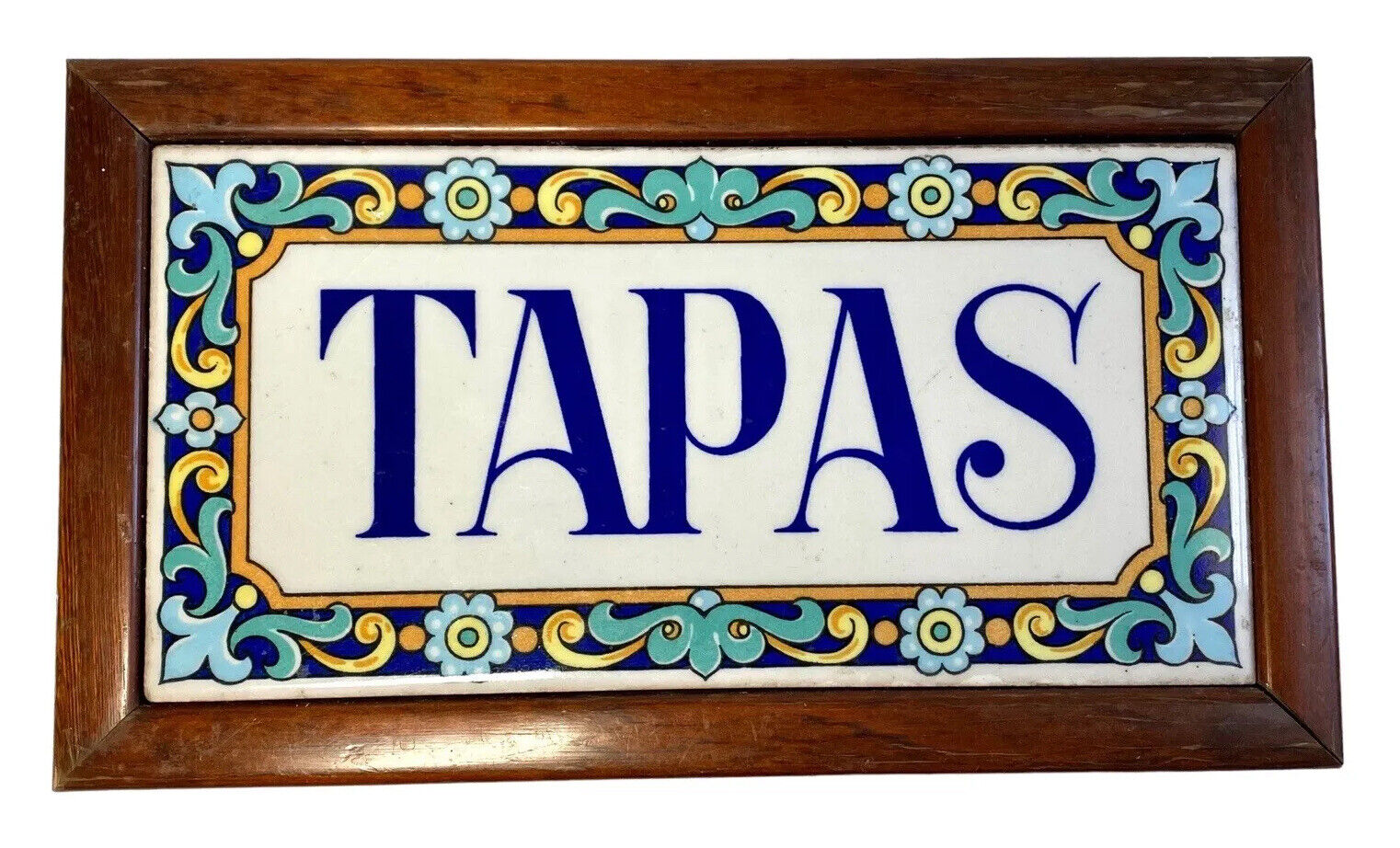 Vintage Spanish Majolica Ceramic Tile Framed Wall Plaque Sign Decor Tapas Food