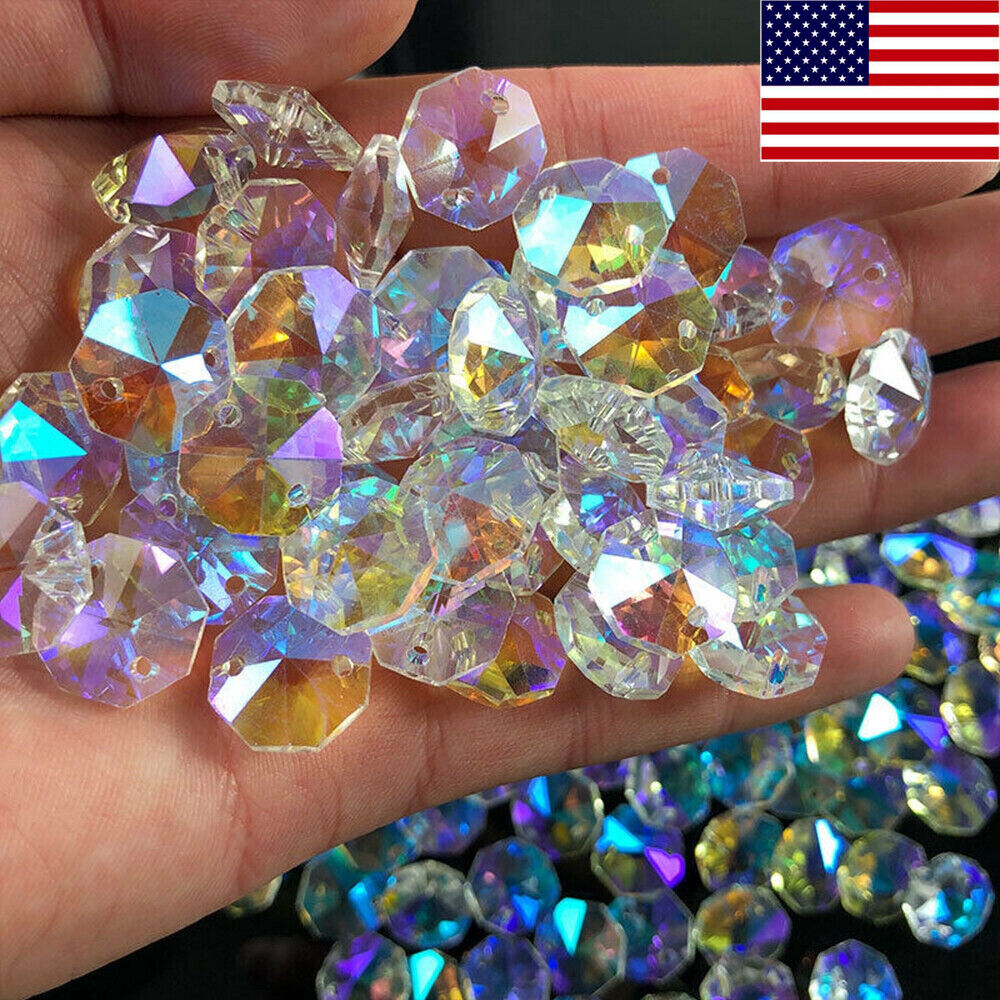 100x 14MM AB Aurora Octagonal Beads Crystal Chandelier Suncatcher Pendant Craft