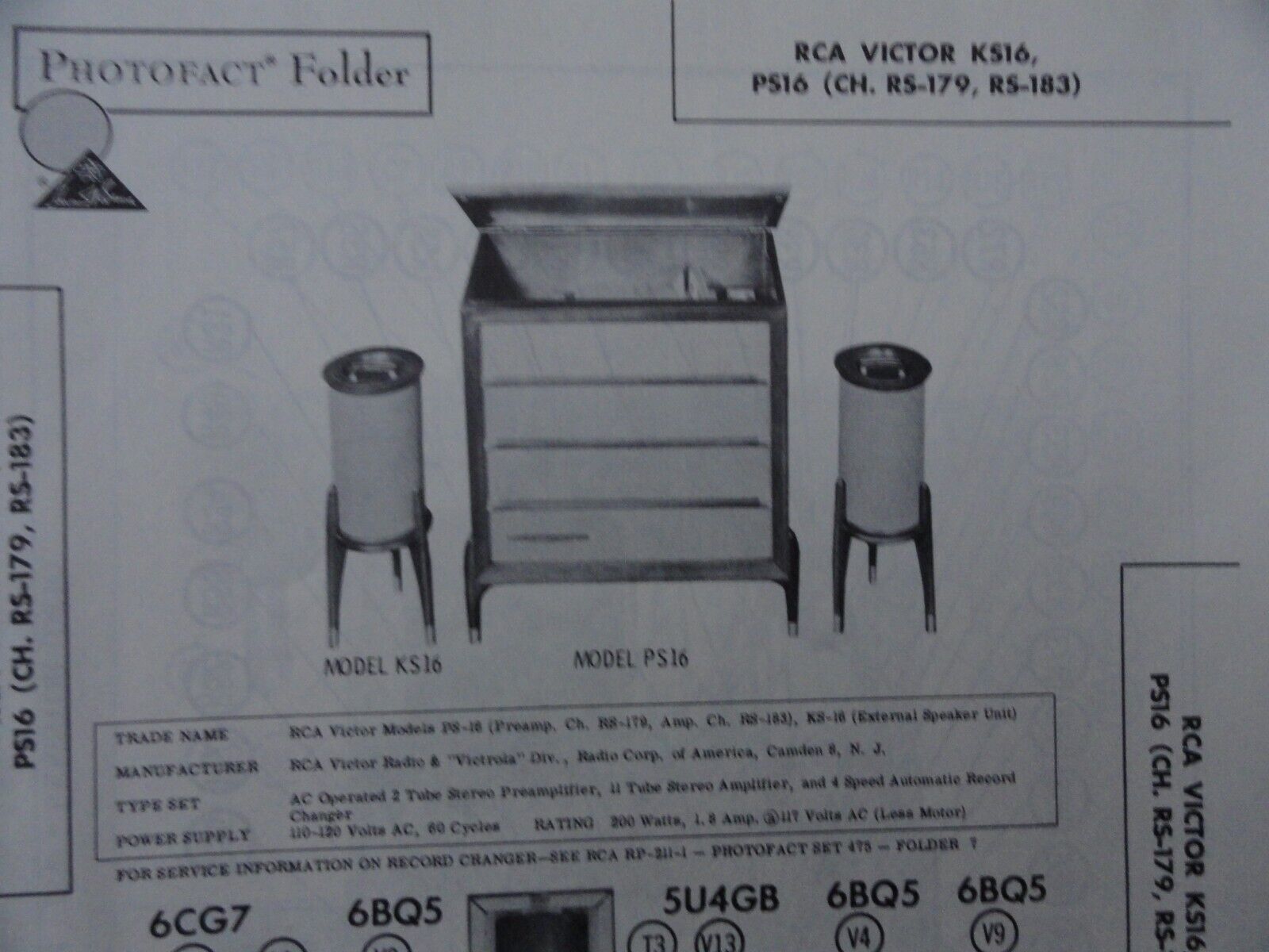 Original Sams Photofact Manual RCA VICTOR KS16, PS16, (CH. RS-179, RS-183) (502)
