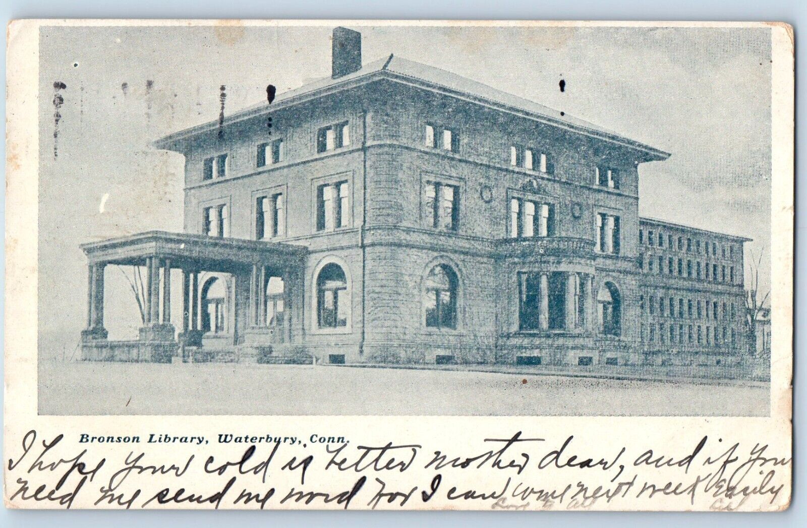 Waterbury Connecticut CT Postcard Bronson Library Building 1906 Vintage Antique