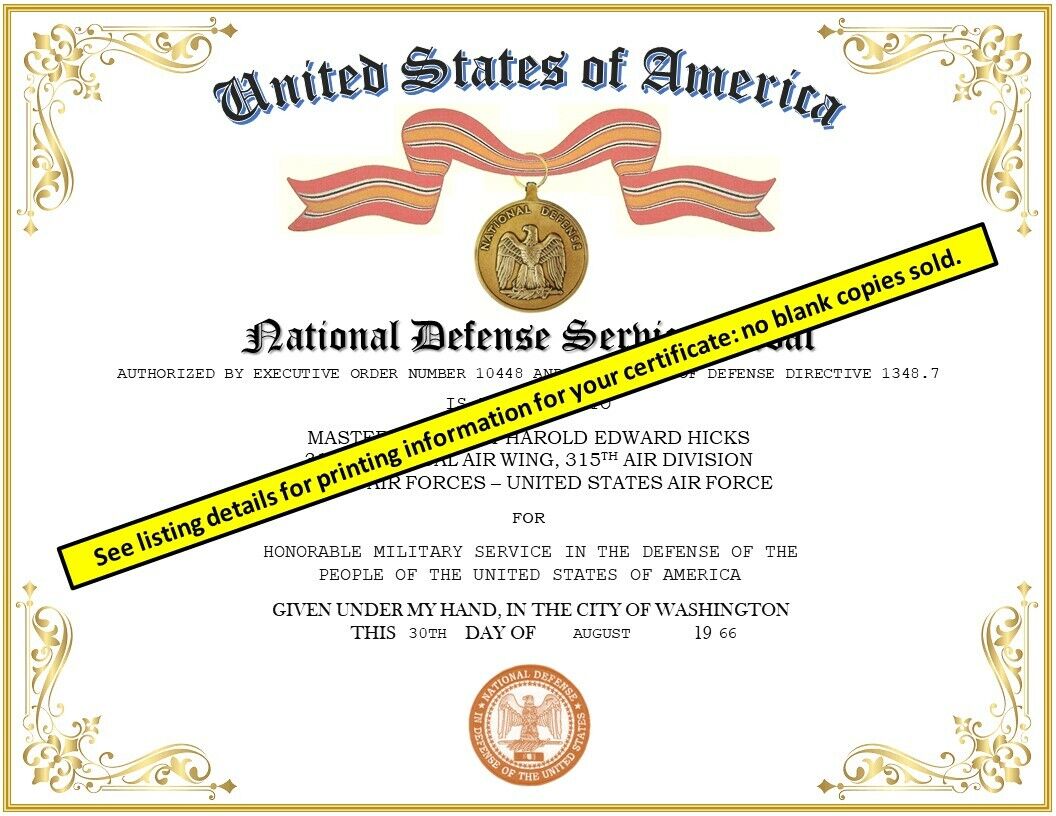 NATIONAL DEFENSE SERVICE MEDAL CERTIFICATE ~ With Free Printing (Any Branch)