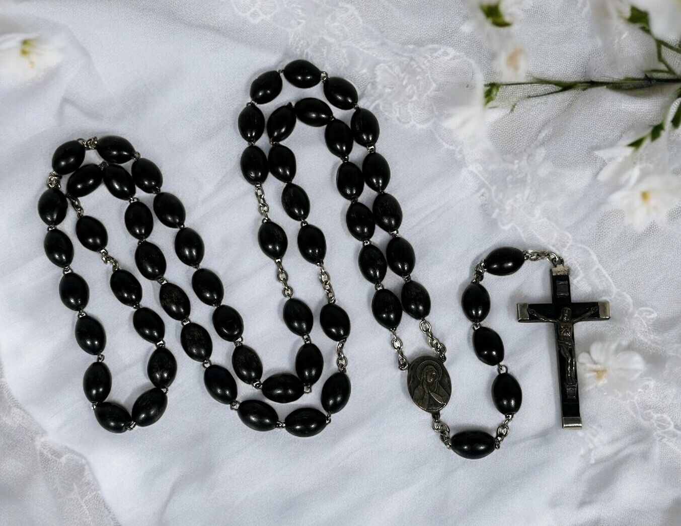 Vintage Nun\'s Catholic Rosary Long Large Beads 5 Decade Ebony Crucifix Italy