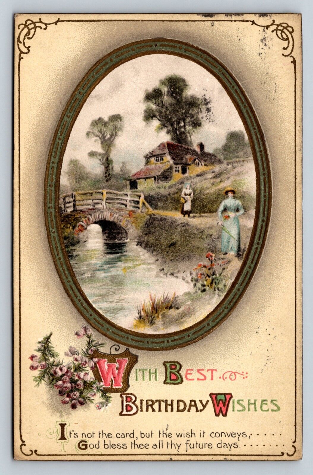 c1914 Ladies by Bridge Over Stream Birthday Wish Embossed ANTIQUE Postcard 1166