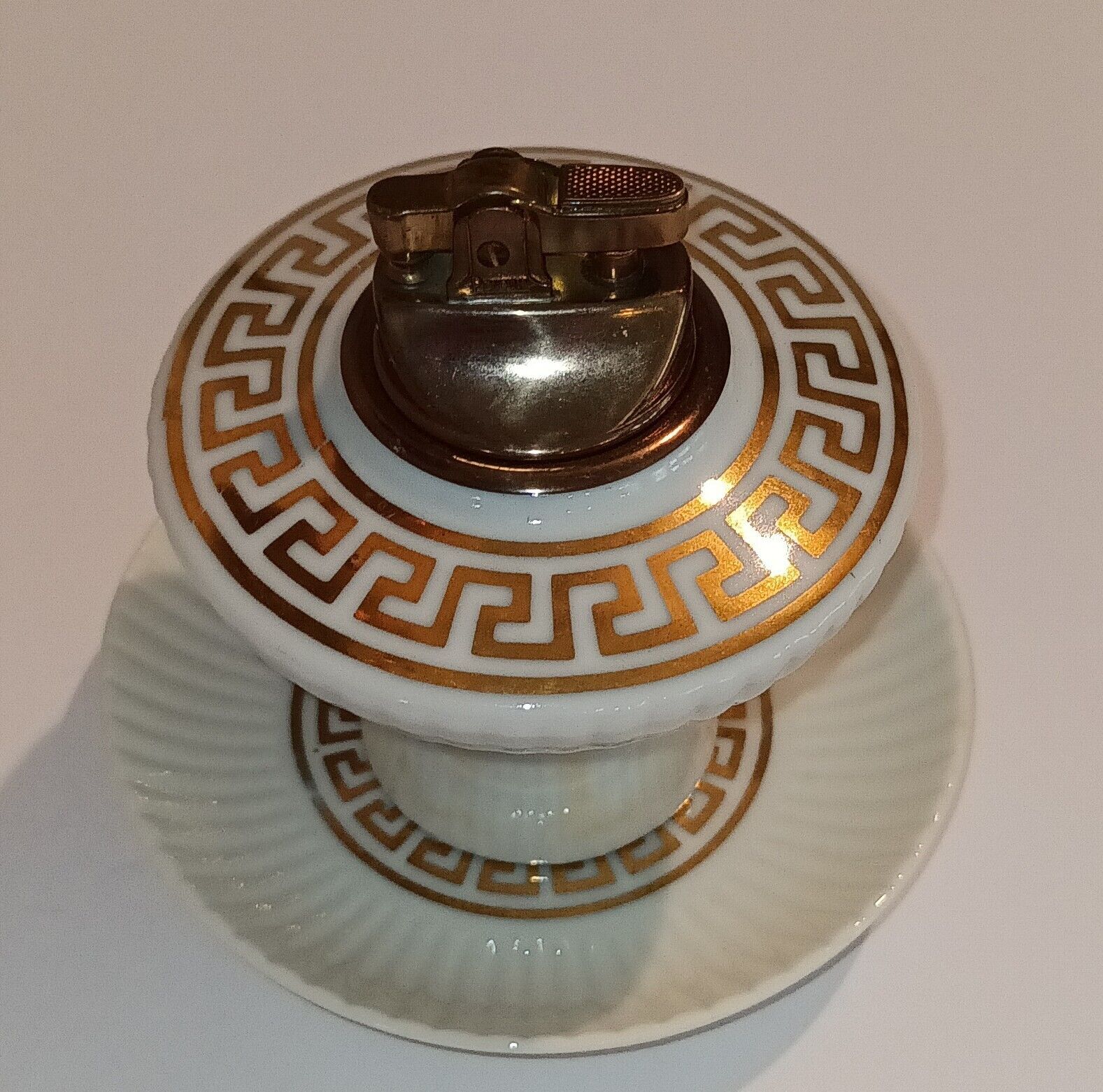 Rare Greek Key J Summers Porcelain Table Lighter and Saucer Nice Collectors Item