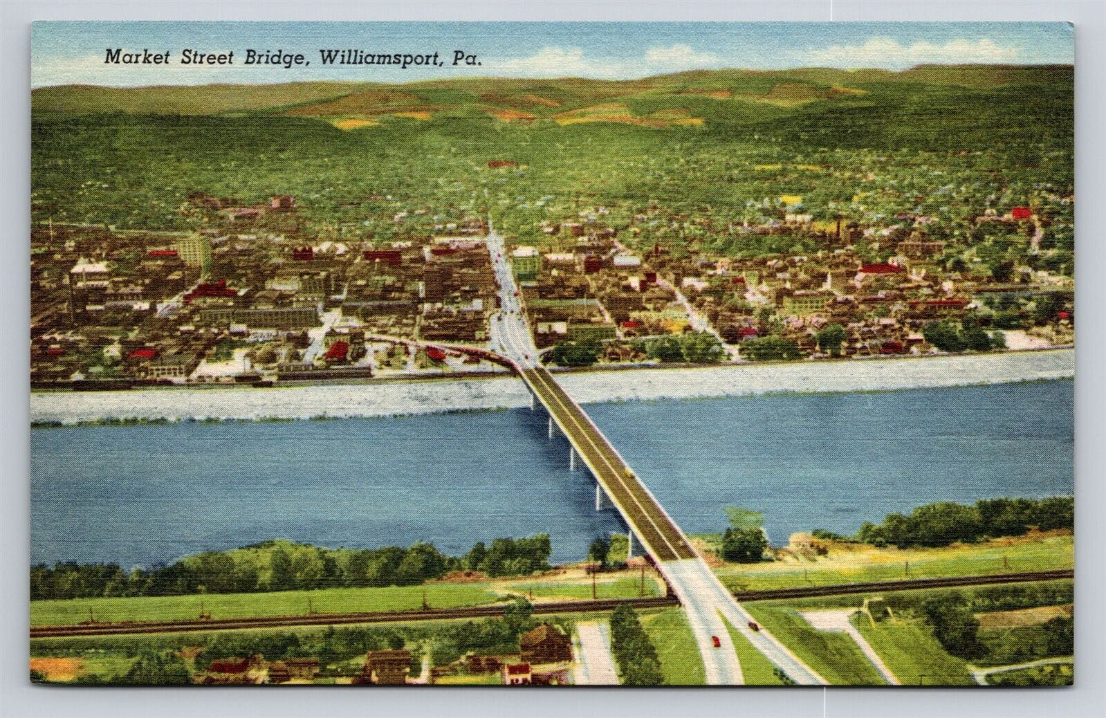 Williamsport PA Market Street Bridge Aerial View Linen Vtg Postcard Unused