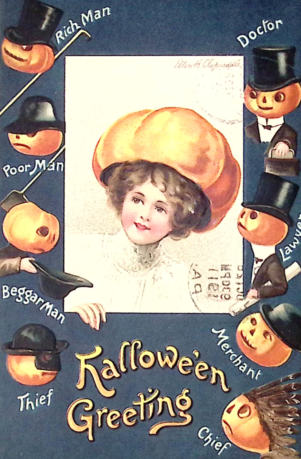 1911 Clapsaddle Rich Man Poor Man Girl Wear Pumpkin Hat Halloween Postcard