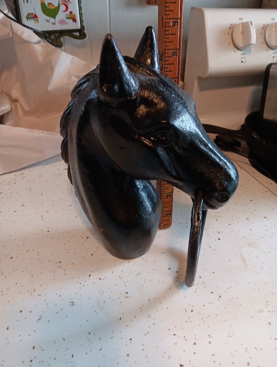 Vintage Black Cast Iron Horse Head Hitching Fence Post Topper With Tie Ring