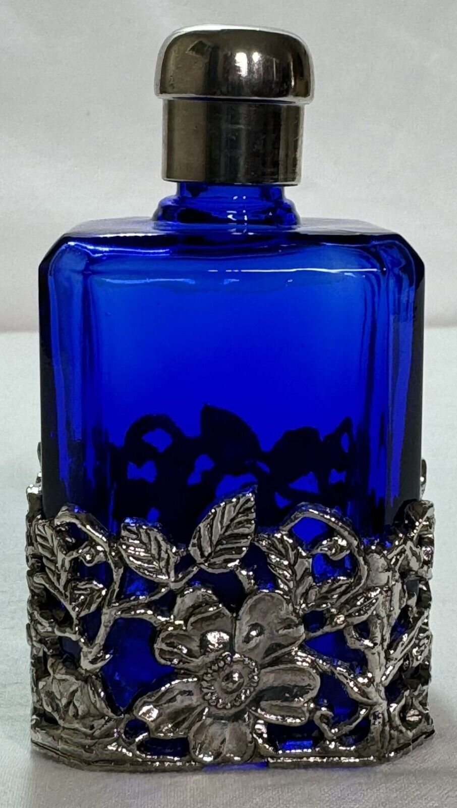 Vintage Cobalt Blue Perfume Bottle Encased in Silver Tone Frame Flower Filigree