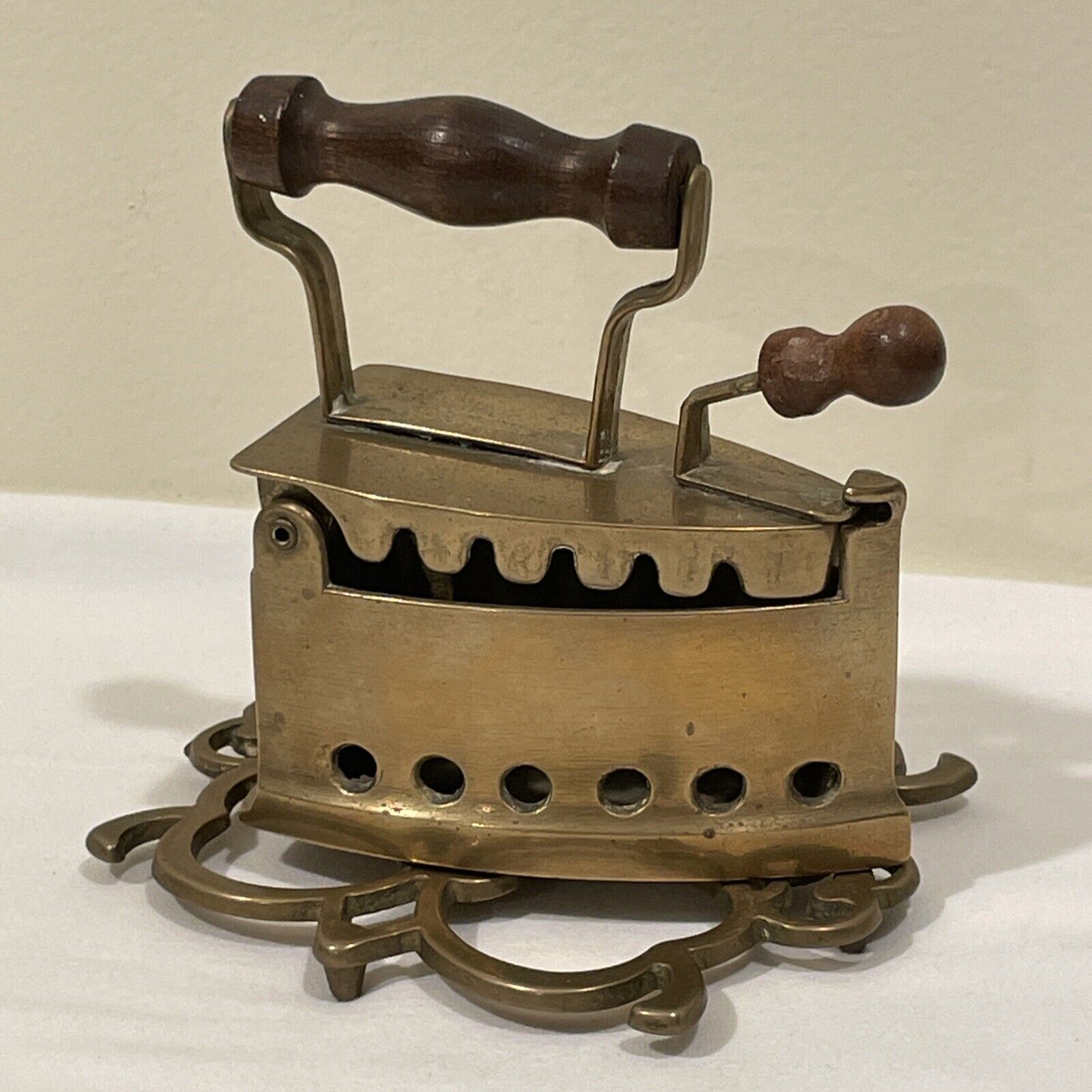 Vintage Brass Hinged Coal Miniature Flat Coal Iron 4” w/ Brass Trivet