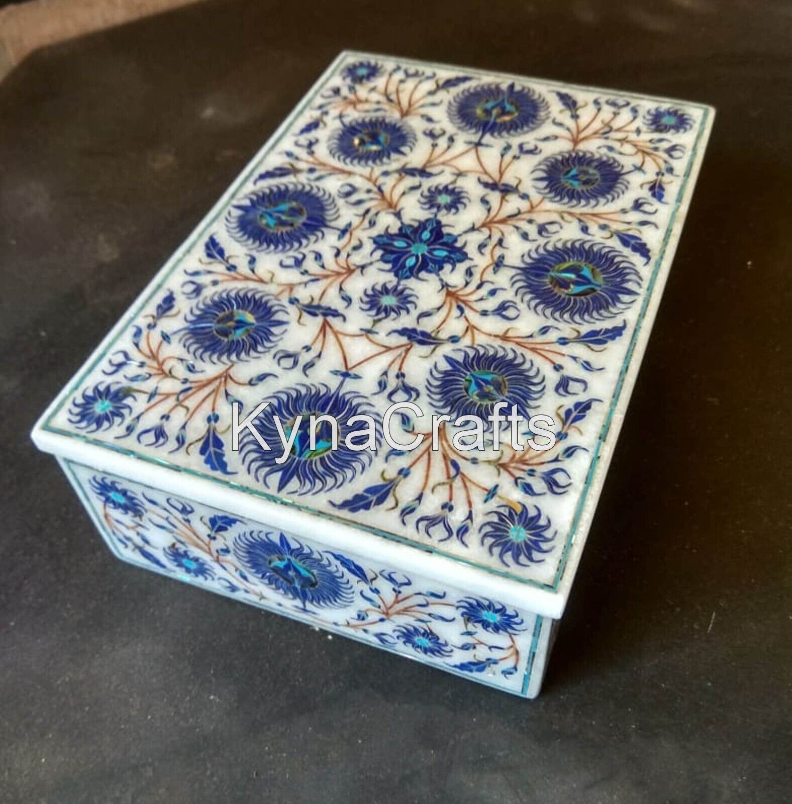 7 x 5 Inches White Marble Trinket Box Lapis Lazuli Stone Inlay Work Giftable Box