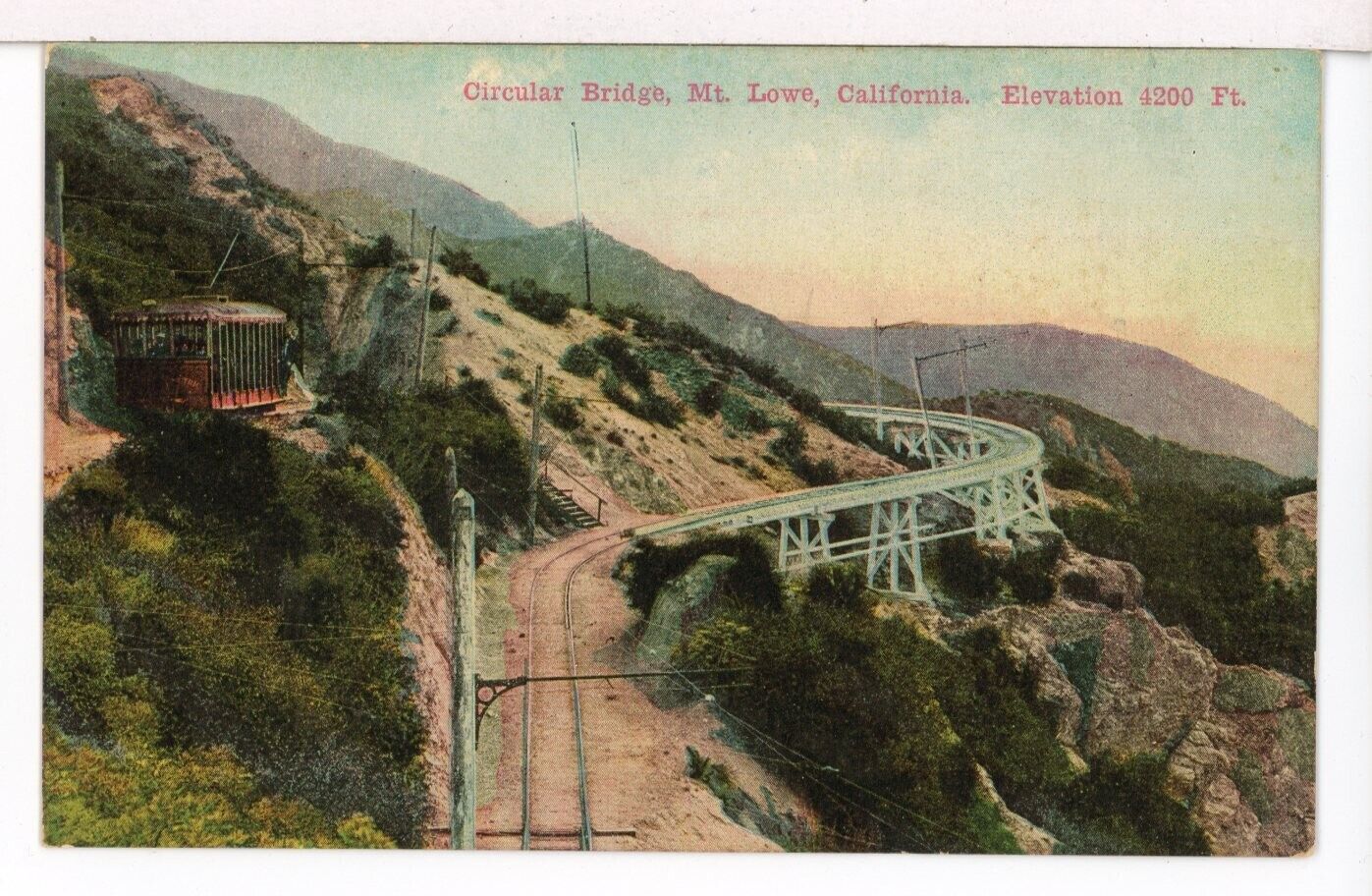 Open Trolley above CIRCULAR BRIDGE, Mt. Lowe, LA County, CA 1907 - 1915 Postcard