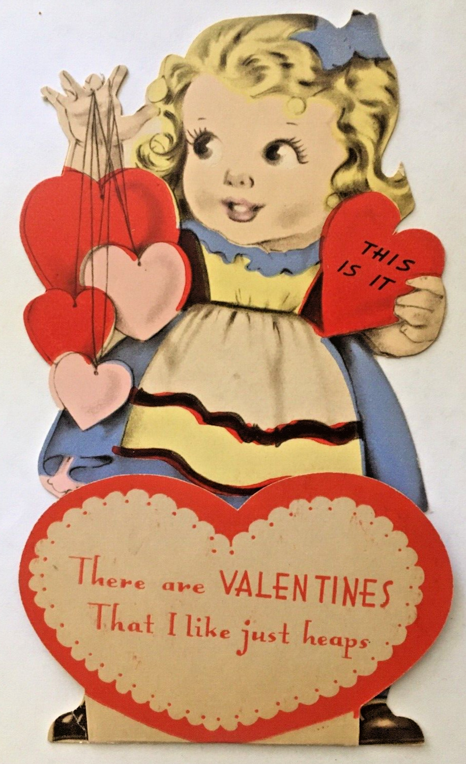 Antique Mechanical Die Cut Valentine Card Cute Blonde Young Girl Holding Hearts