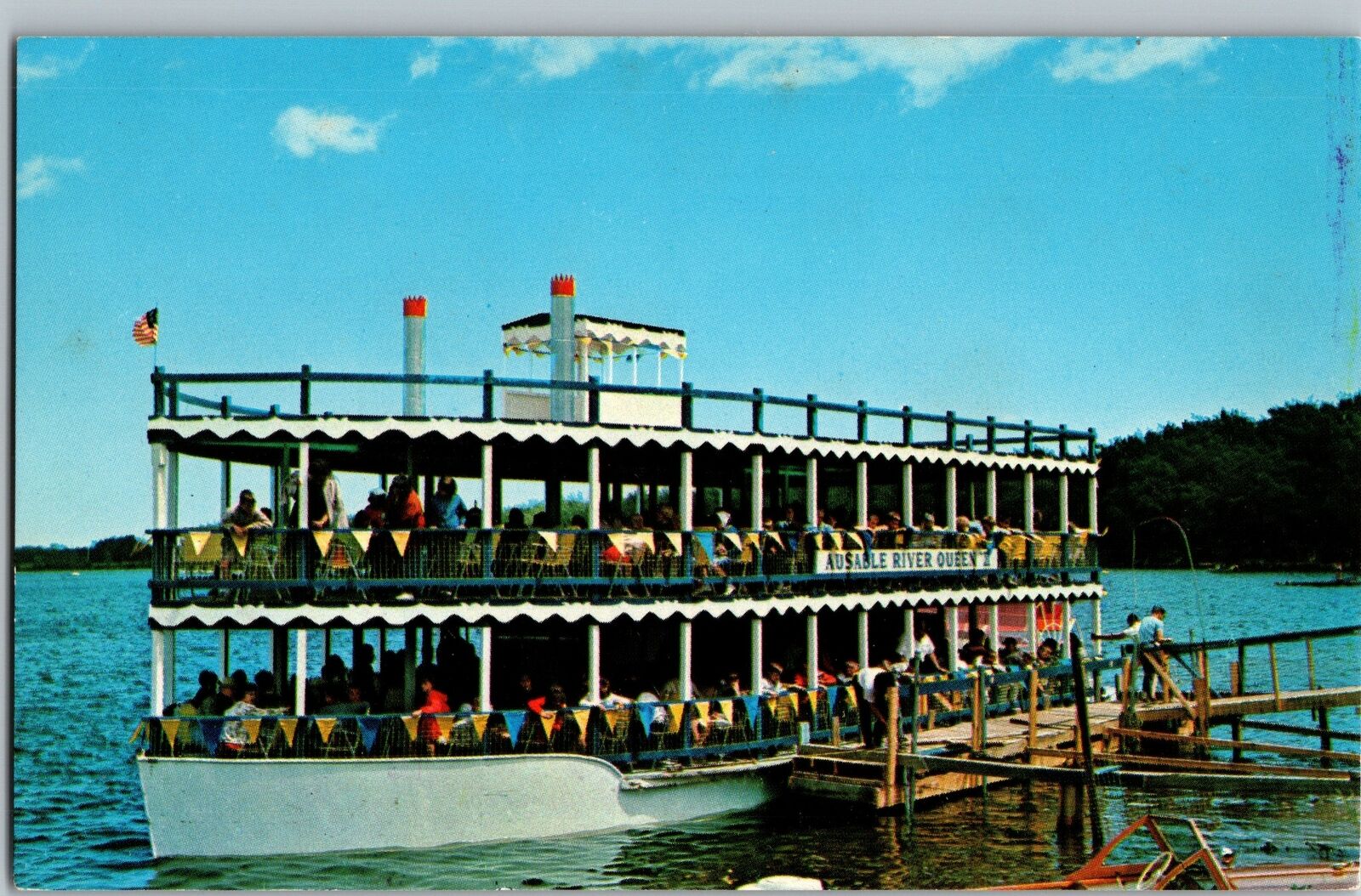 C1960 Au Sable River Queen Foote Dam Dockside Party Tour Boat Oscoda MI Postcard