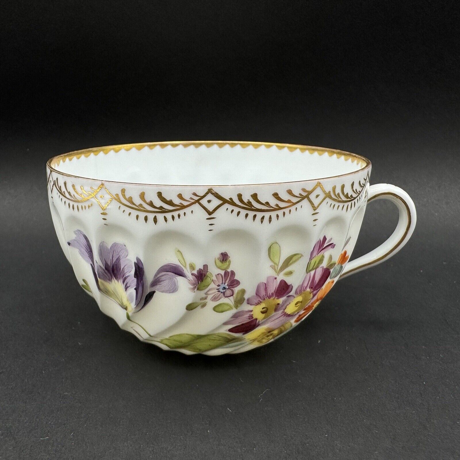 Antique HERMANN OHME Dresden Germany Porcelain Tea Cup Purple Flowers Fluted
