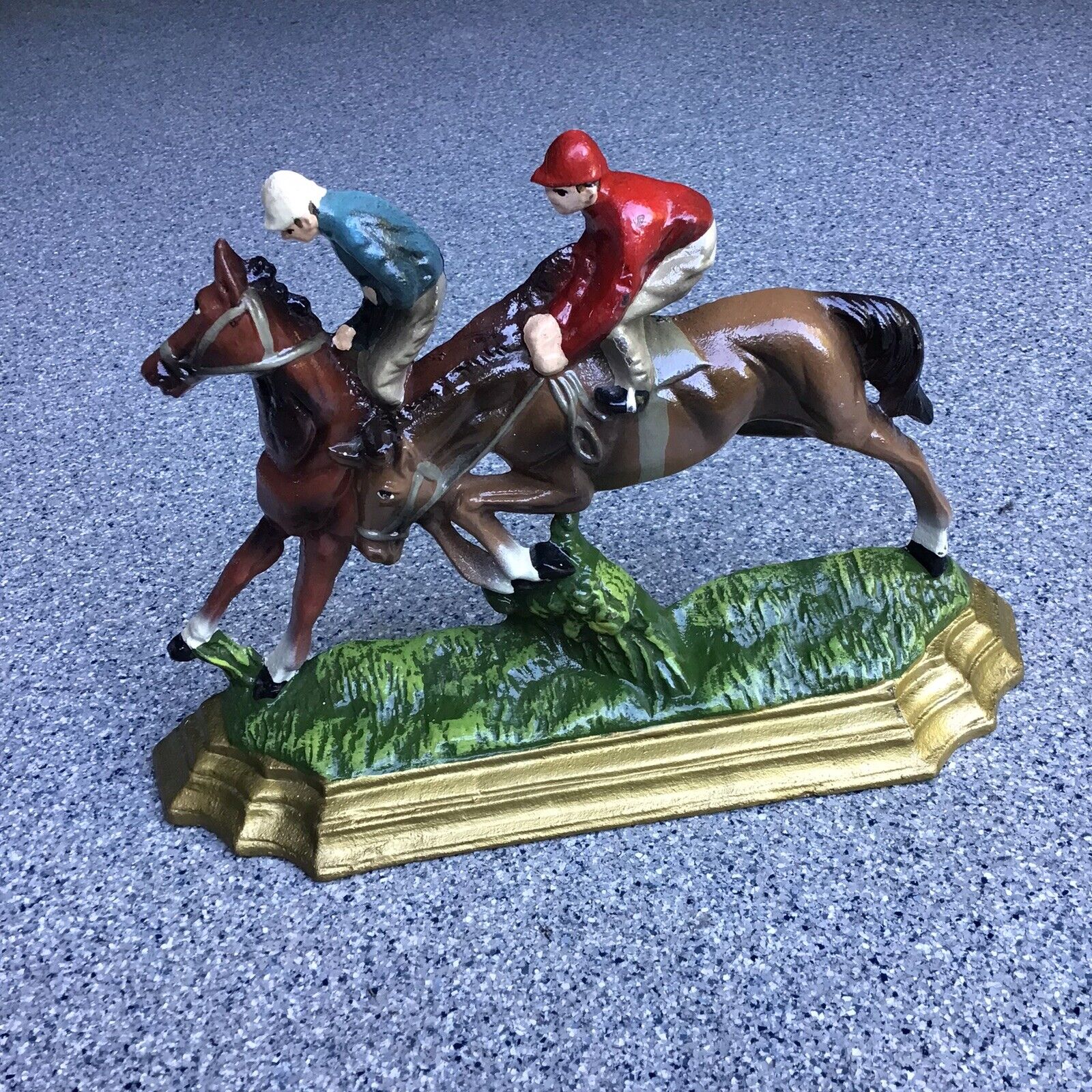 Vintage Equestrian Horse Racing Derby Jockey Cast Iron Door Stop 11”x8” Decor