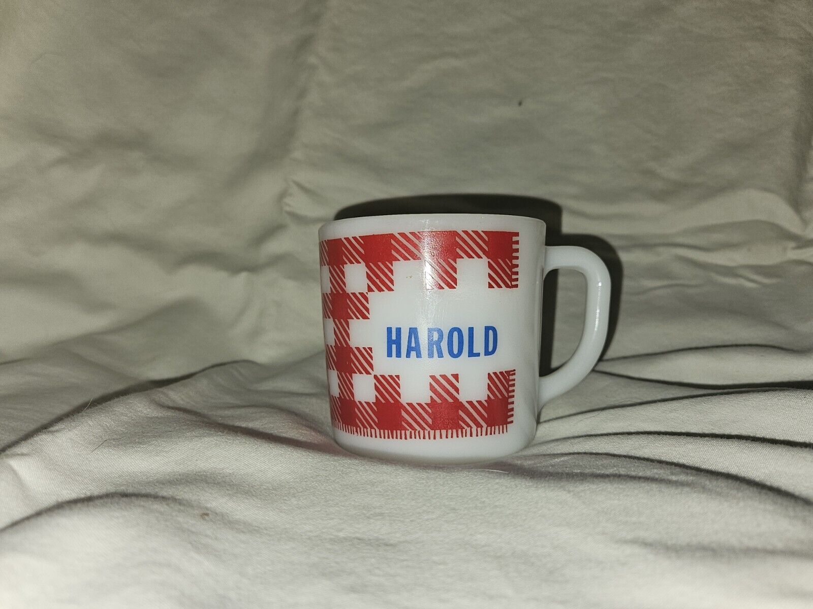 Vintage Westfield Milk Glass Coffee Cup Mug With Name Harold Red Gingham Plaid