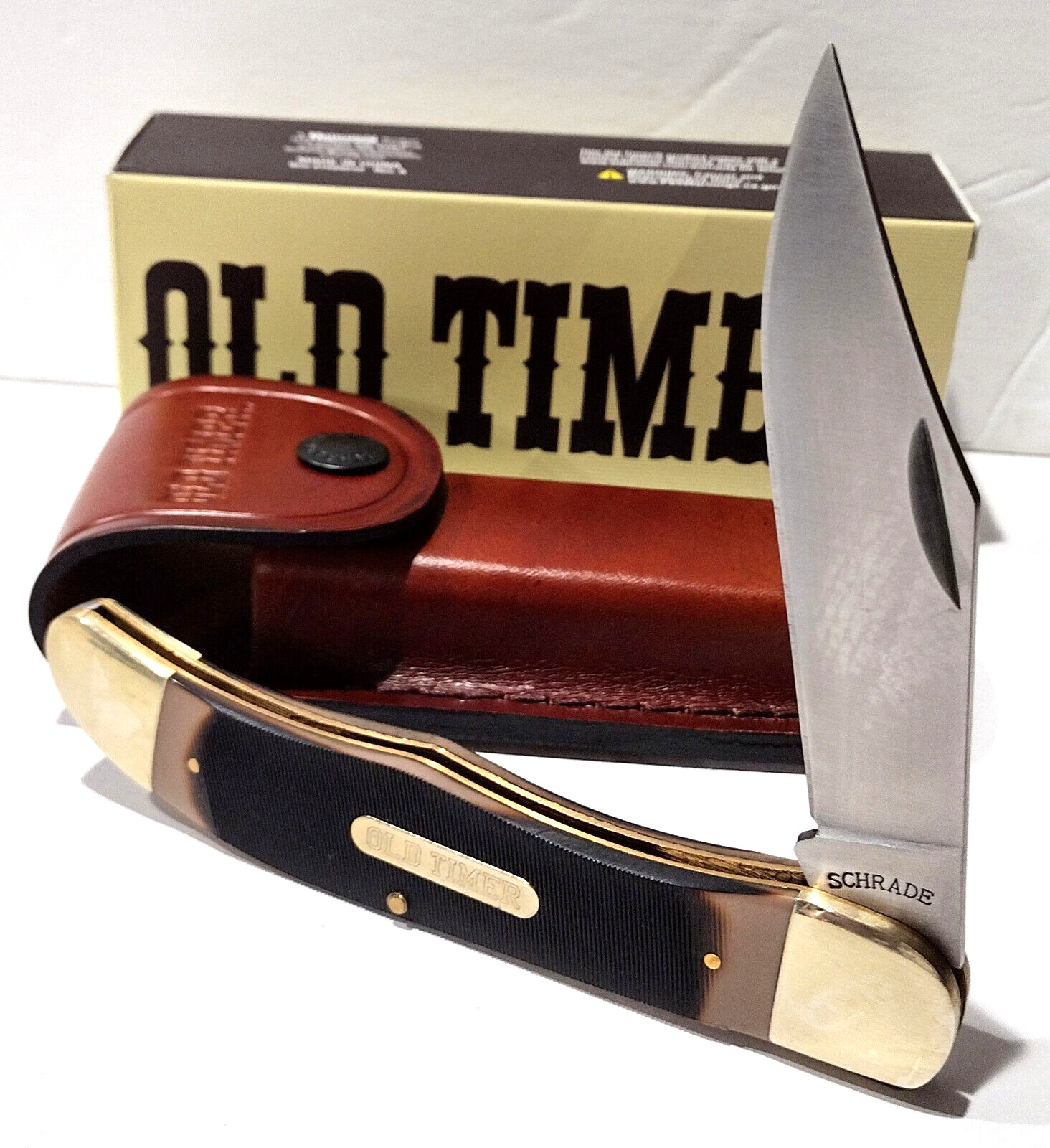 Schrade Old Timer Mustang Skinning Folding Pocket Knife + Leather Belt Sheath