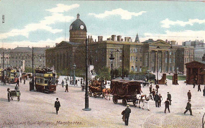 Postcard Piccadilly with Royal Infirmary Manchester UK