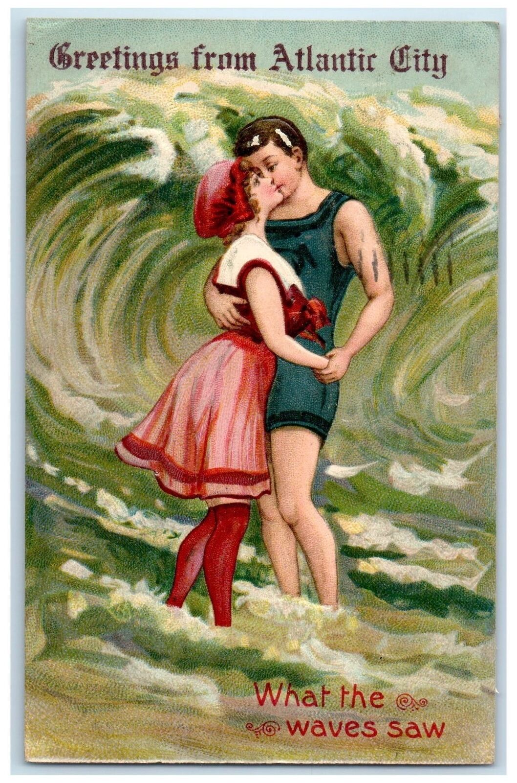 1913 Greetings From Atlantic City NJ Posted Embossed Couple & Big Waves Postcard