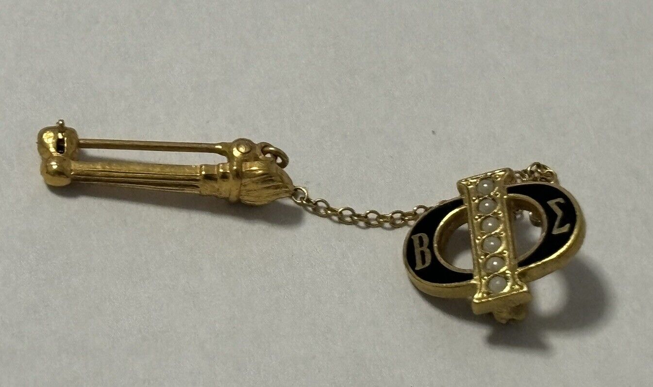 Beta Iota Epsilon Seed Pearl Pin With Attached By Chain Torch Pin