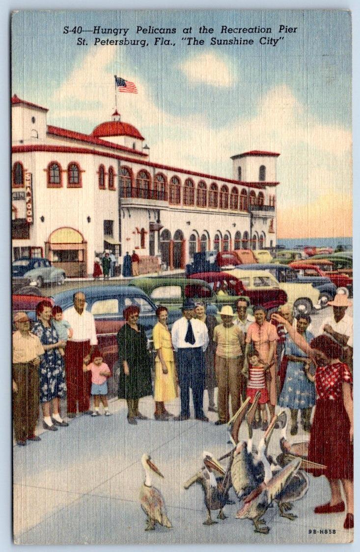 1950 ST PETERSBURG PIER HUNGRY PELICANS FLORIDA VINTAGE LINEN POSTCARD OLD CARS