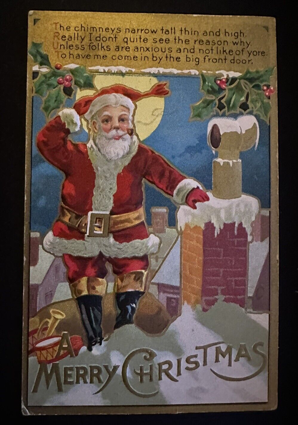 Santa Claus on Snowy Roof~Chimney~ Toys~Antique Christmas~Postcard~~h723