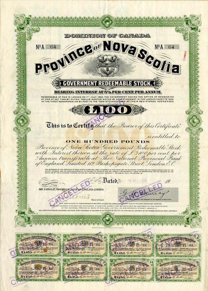 Dominion of Canada Province of Nova Scotia - Foreign Stocks