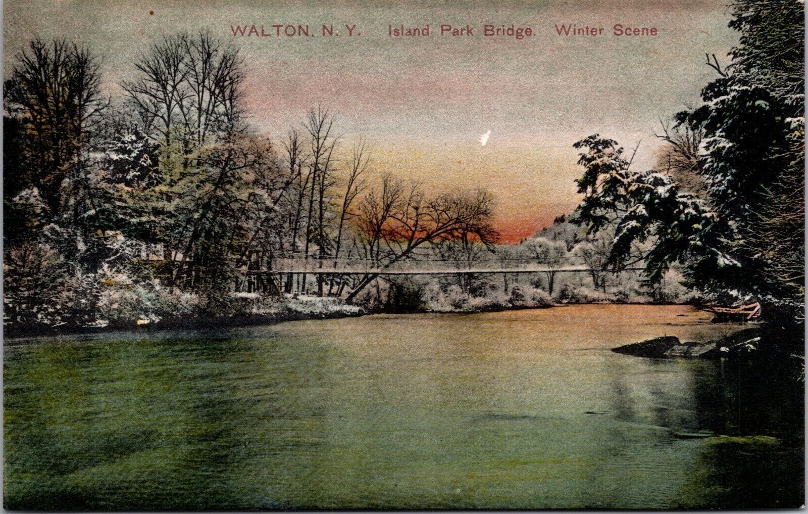 Postcard~Walton New York~Winter Scene~Island Park Bridge~Scenic View~c1912