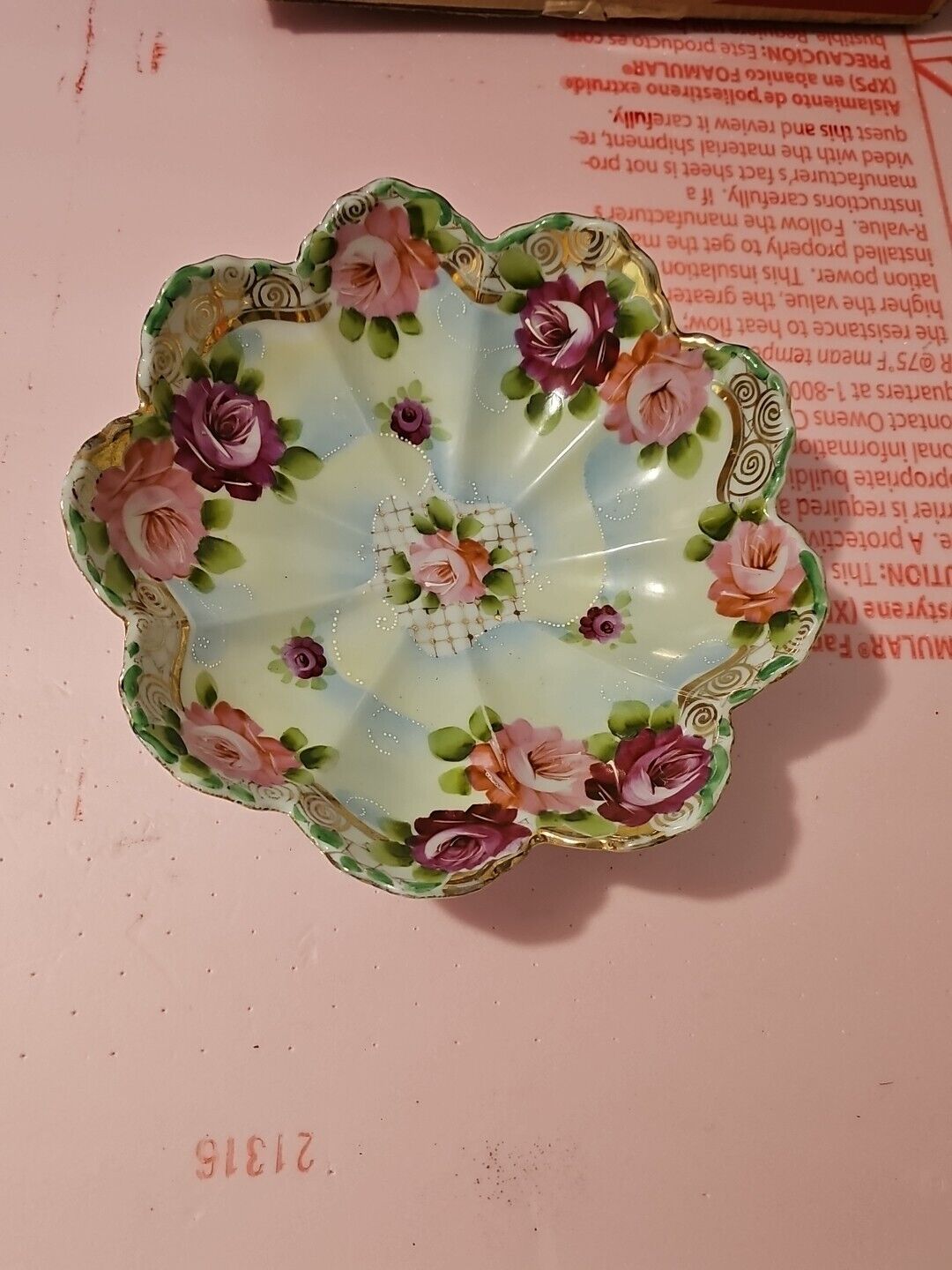 Antique Porcelain Trimmed Pink Floral Roses Bowl