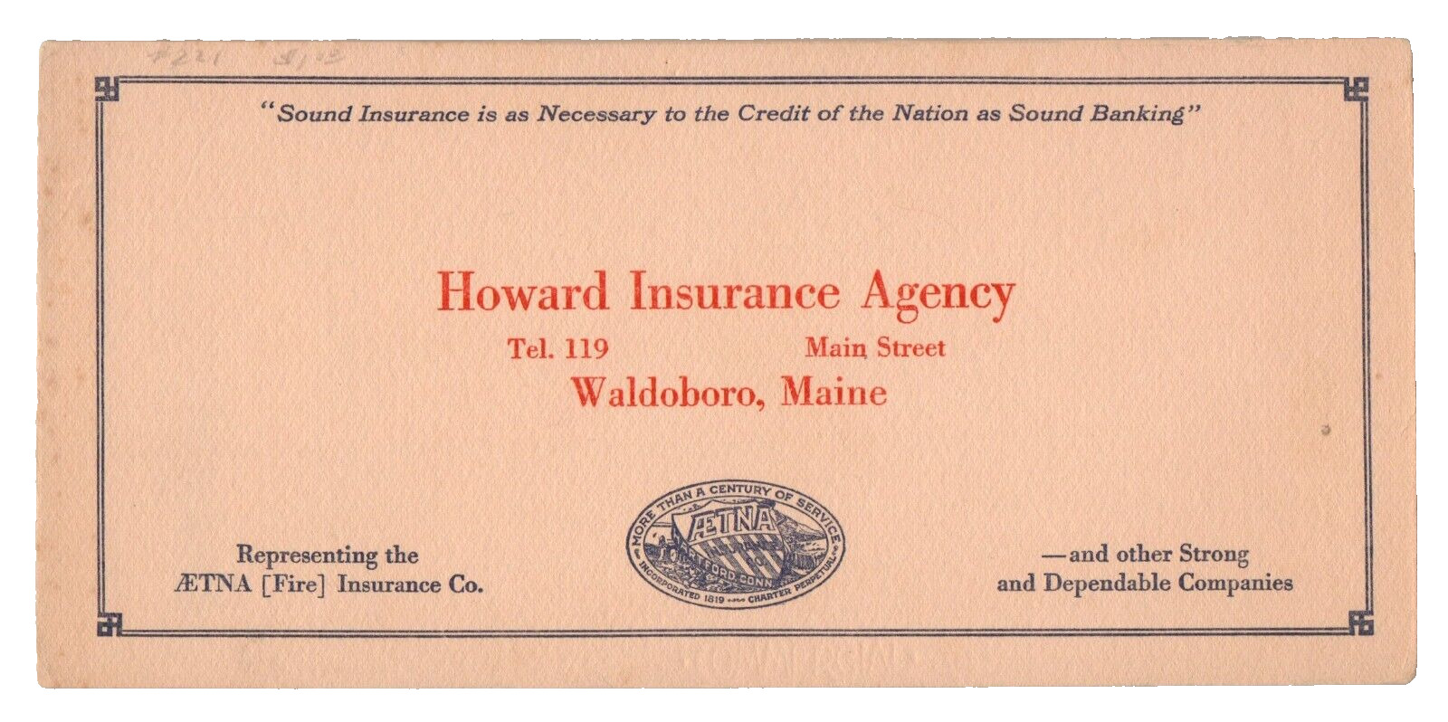 c.1940 AETNA Fire Shield Ad Blotter Howard Insurance Agency Waldoboro ME VTG