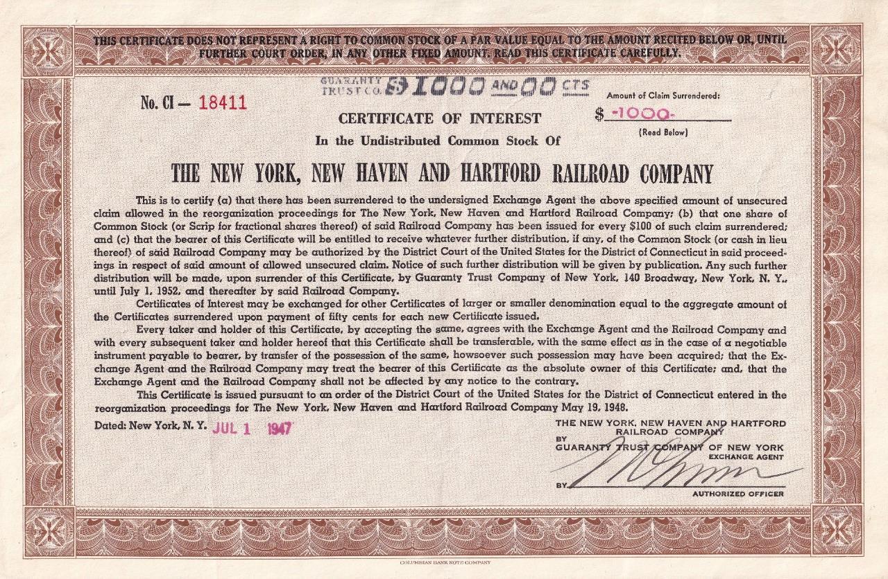 1947 New York, New Haven & Hartford Railroad common stock interest certificate