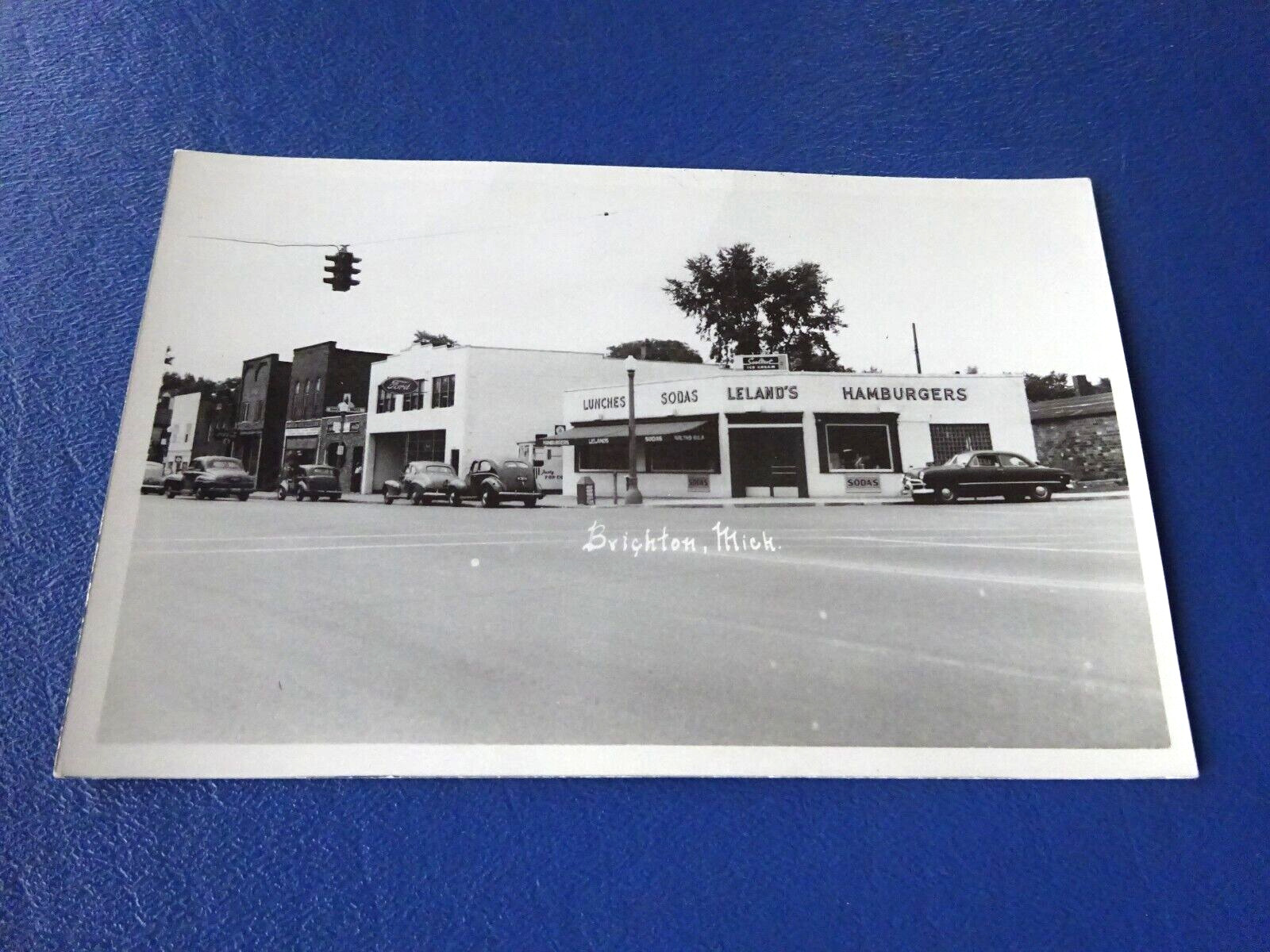 1950 Real Photo Postcard, Leland\'s Hamburgers, Ford Dealer, Brighton, Mi
