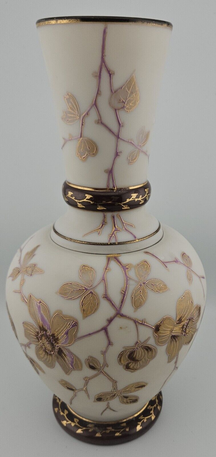 Glass-Vintage German Victorian Frosted/Opaline Floral Gold/Burgandy Vase