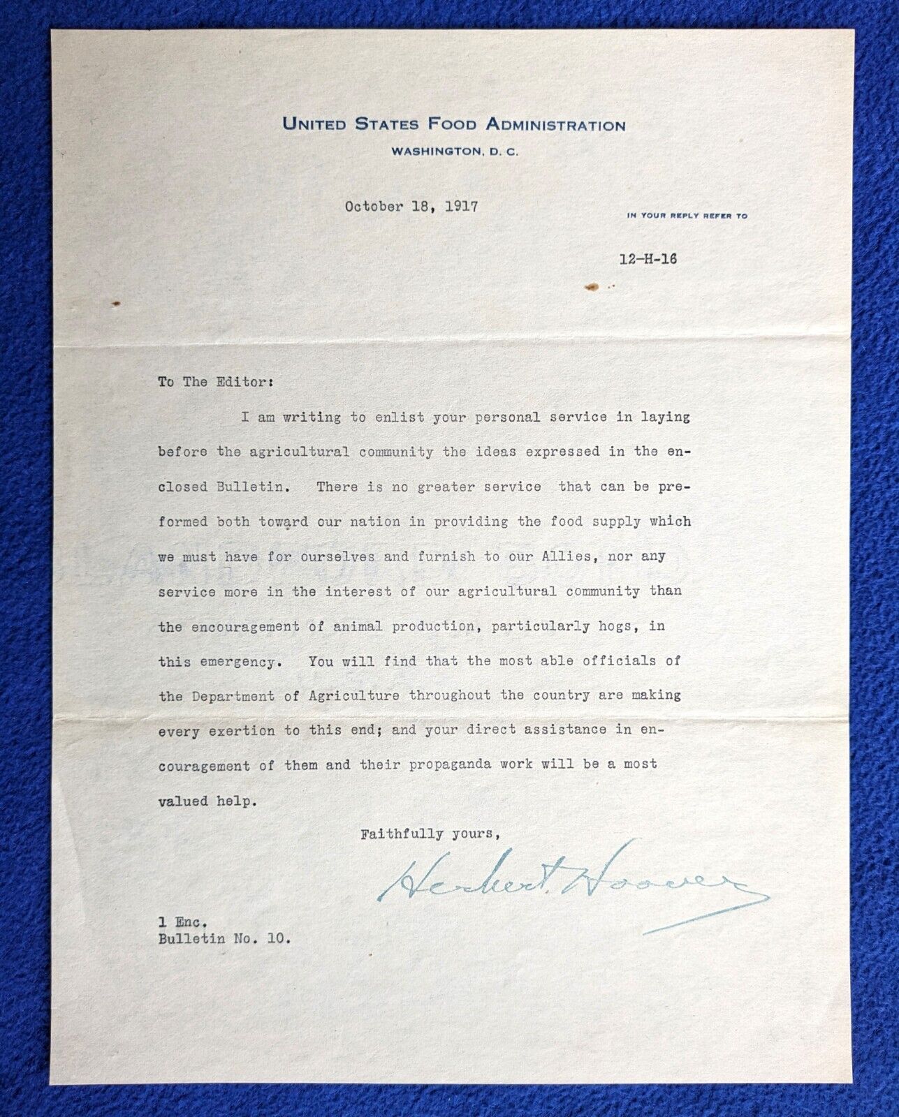 Herbert Hoover Signed Oct. 1917 letter as U.S. Food Administration director