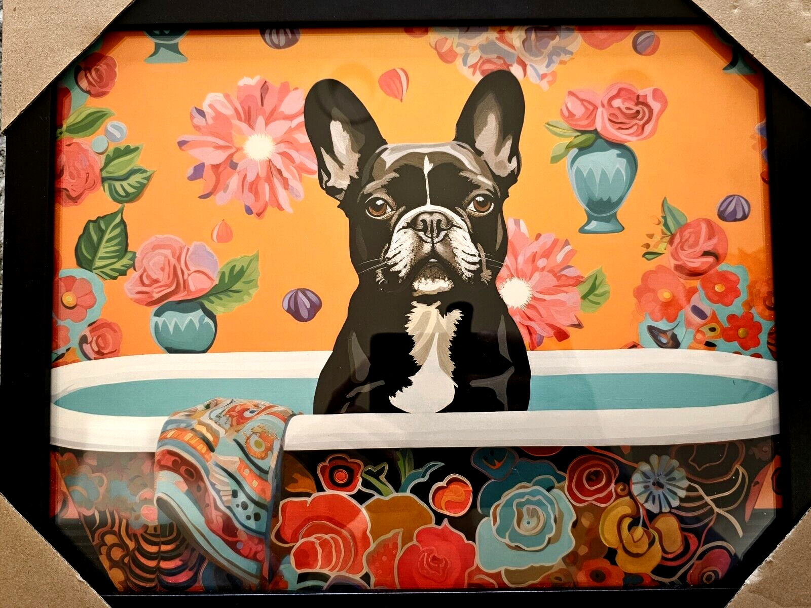 Frenchie French Bulldog Framed Glass Picture In Bathtub